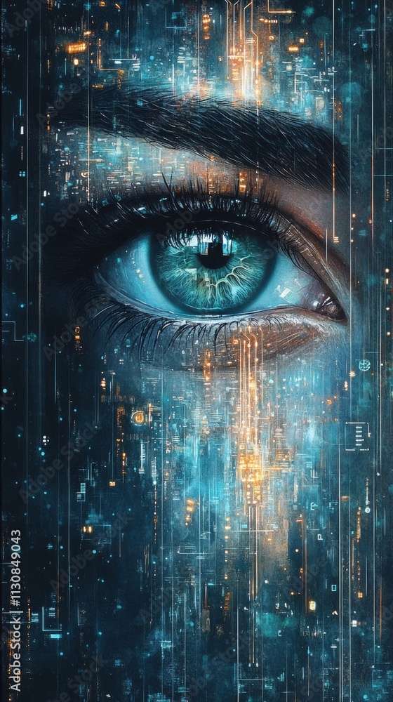 Poster close-up of an eye showcasing intricate digital patterns and vibrant colors, symbolizing the fusion 