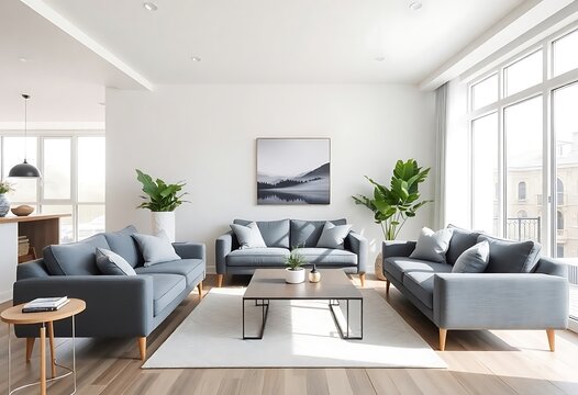 Interior of light living room with grey sofas, coffee table and large windo