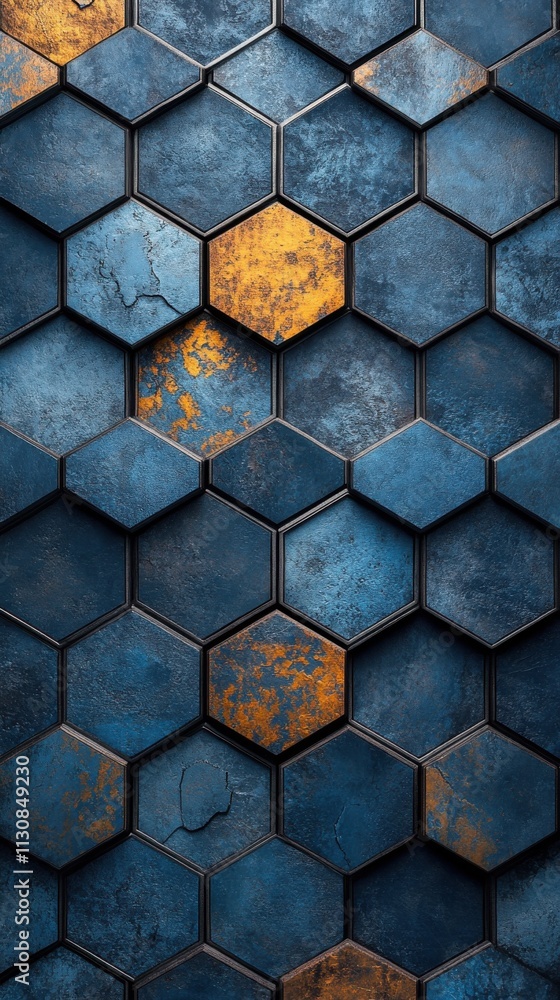 Poster a textured hexagonal tile pattern featuring blue and rusty orange hues.