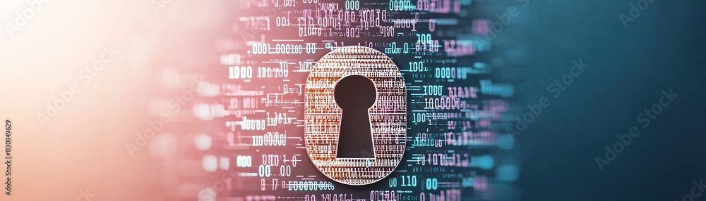 Poster keyhole symbol is surrounded by binary code, representing digital security and privacy. vibrant colo