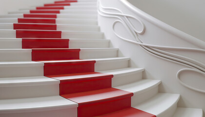 Obraz premium White Staircase with Red Runner and Modern Banister