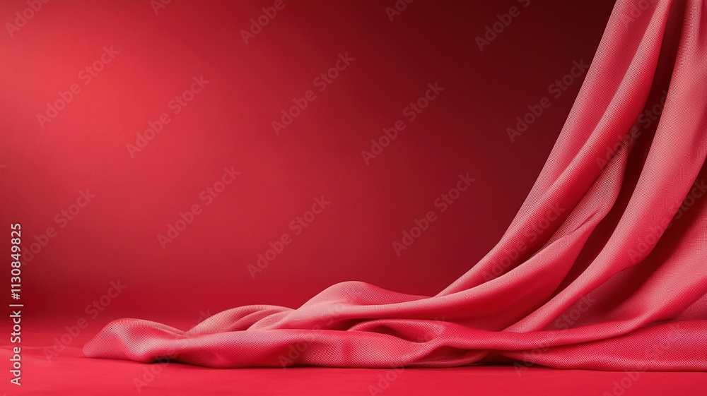 Poster luxurious red fabric drapes elegantly, creating rich and vibrant backdrop. smooth texture and deep c