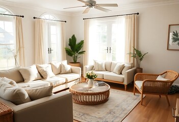 Fototapeta premium Interior of light living room with sofas, rattan table and soft carpet