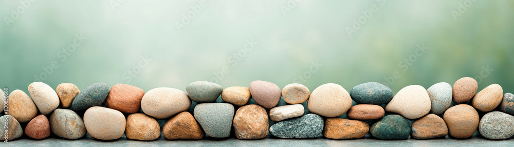 Aufkleber smooth pebbles in various colors create serene and calming texture against muted olive green backgro