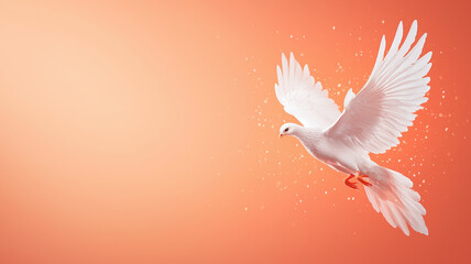 Fototapeta premium graceful white bird soaring against burnt orange background, symbolizing peace and freedom. soft, blurred backdrop enhances bird elegance and motion