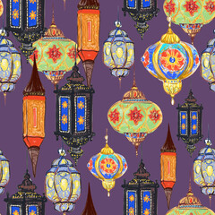 Turkish lantern, Ramadan lantern, Hand drawn beautiful seamless pattern. 