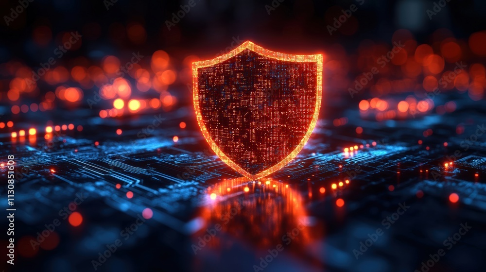 Poster shield icon with a circuit board pattern on a dark background, representing the concept of cybersecu