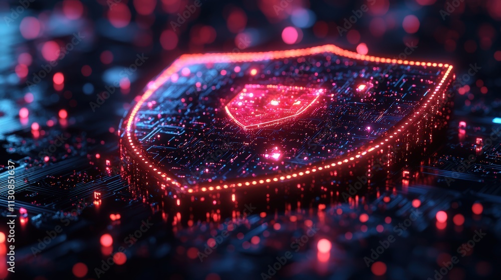 Poster shield icon with a circuit board pattern on a dark background, representing the concept of cybersecu