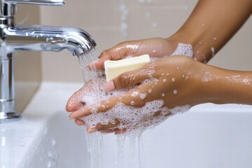 Fototapeta premium Woman washing hands with soap under running water in a bathroom setting