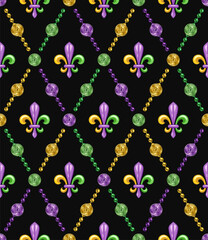 Mardi gras geometric dark pattern. Diagonal rhombus grid made with colorful coins, Fleur de lis symbol in center of grid cells. Vintage style illustration
