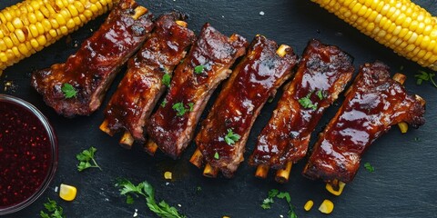 Delicious fried pork ribs served with a rich lingonberry sauce and crispy fried corn, captured from a top view. Enjoy this mouthwatering dish featuring fried pork ribs.