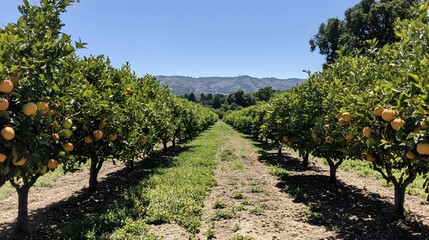 Fototapeta premium Orange Grove Rows Leading To Distant Mountains