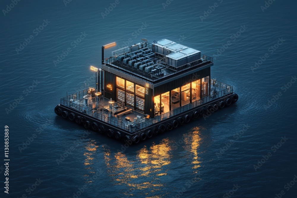Poster futuristic data center on a floating platform urban waterfront digital innovation evening serenity a