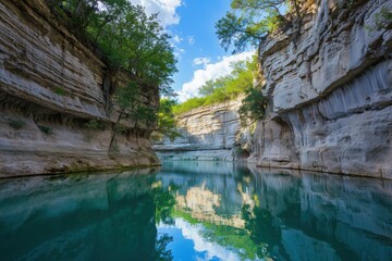 Fototapeta premium Scenic canyon with turquoise water and towering limestone cliffs reflecting in calm river under bright blue sky, tranquil nature view, Ai Generation