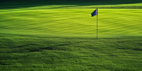 Obraz premium Golf flag positioned prominently on lush green grass, highlighting the vibrant colors and intricate details of the golf flag against the serene backdrop of the perfectly mowed green grass.