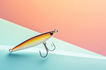 Fishing lure on pastel background with sharp hooks