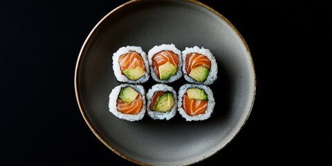Sushi roll featuring salmon and avocado displayed on a plate against a black background, showcasing the delightful combination of sushi roll ingredients and presentation from a top view perspective.
