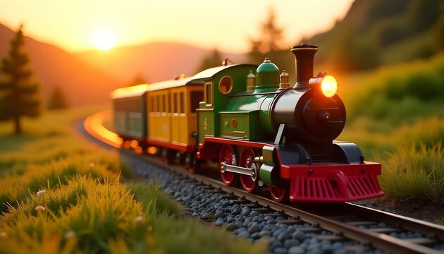 A charming toy steam locomotive with a glossy finish, pulling a vibrant green cargo car and a bright yellow passenger car, on a set of train tracks running through a miniature landscape 