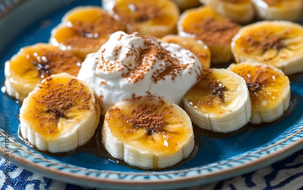 Poster sliced bananas topped with whipped cream and a sprinkle of cocoa on a decorative plate.