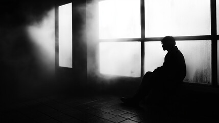 Silhouette of a Person Sitting Alone in a Foggy Room with Backlit Windows