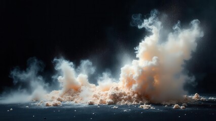 Obraz premium Jagged black reflections. An ethereal scene of wispy clouds of tooth powder floating in the air, set against a black backdrop, creating a dreamlike and whimsical atmosphere.