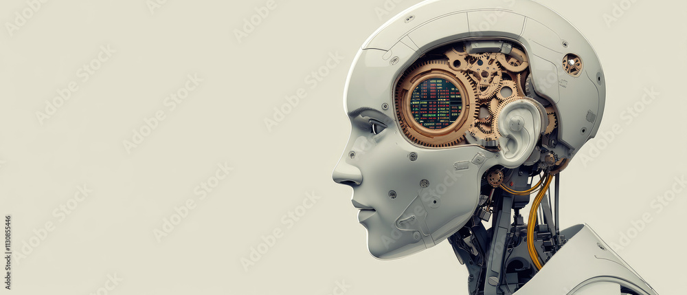 Poster robotic head processing stock data, mechanical gears turning, ai-driven decision-making, real-time f