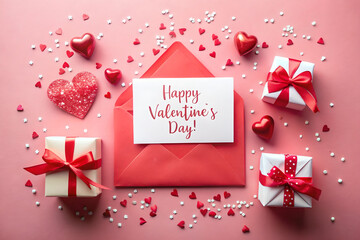 Happy Valentines Day composition. Blank greeting card mockup, gift boxes, red hearts, confetti on pink background