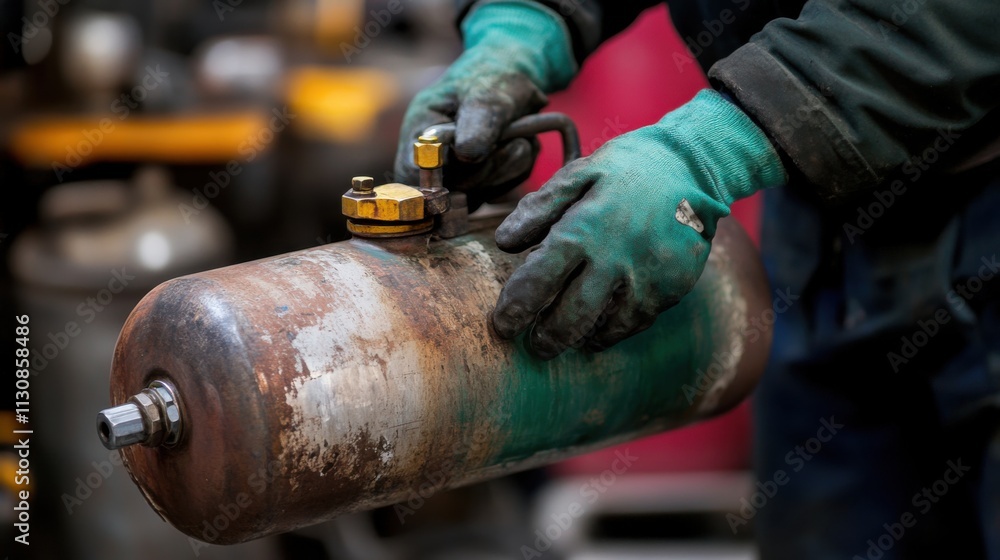 Poster close-up of hands in work gloves handling a rusty and worn cylinder in an industrial environment wit