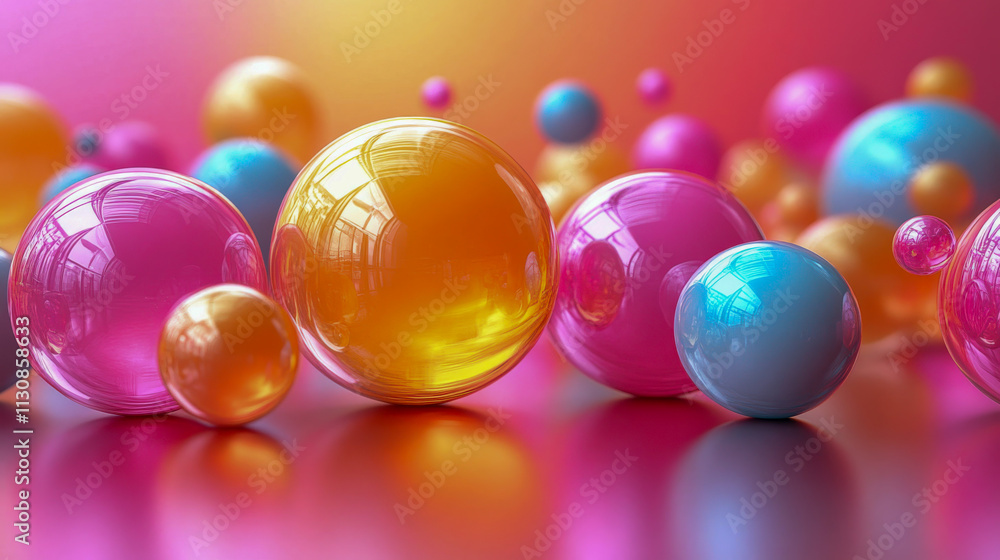 Poster vibrant abstract spheres reflecting vivid colors on a soft gradient background, creating a playful a