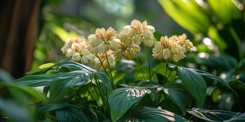Obraz premium Ornamental plant featuring the unique beauty of Mondokaki, also known as Tabernaemontana divaricata, showcasing its delicate blooms and lush foliage in a stunning display of nature.