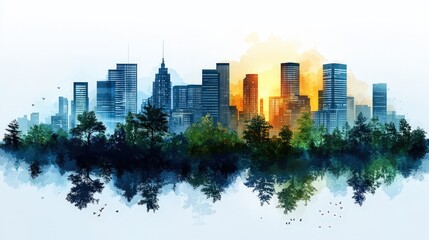 Obraz premium Minimalistic gradient banner showcasing urban skyline with nature reflection at dawn