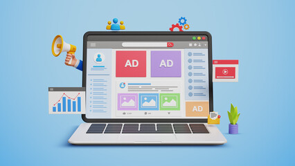 Digital marketing, online advertisement on social media, social media marketing strategies, ads and sales concept. 3D social media ads web page on laptop with marketing icons