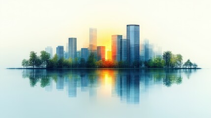 Fototapeta premium Gradient minimalist banner showcasing a city skyline at sunset with reflections on water