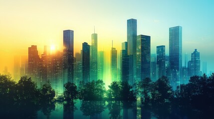 Obraz premium Minimalistic gradient banner showcasing a vibrant city skyline during sunset hours