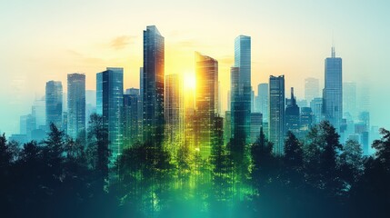 Obraz premium Minimalistic urban skyline banner featuring a gradient sunrise over modern buildings