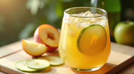 Fototapeta premium Refreshing apple and citrus iced drink garnished with mint leaves served in a clear glass, perfect for a cool beverage moment