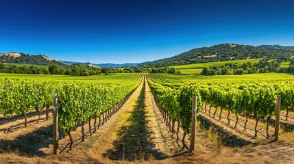 Obraz premium Expansive Vineyard Landscape Under Clear Blue Sky in Daylight