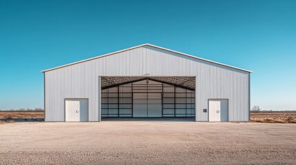 Obraz premium Modern large metal building with large roll-up doors under clear blue sky.