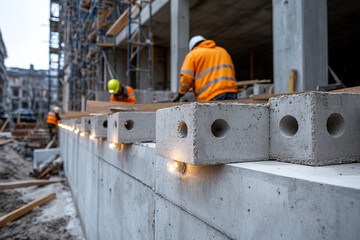 Construction workers laying concrete blocks on site