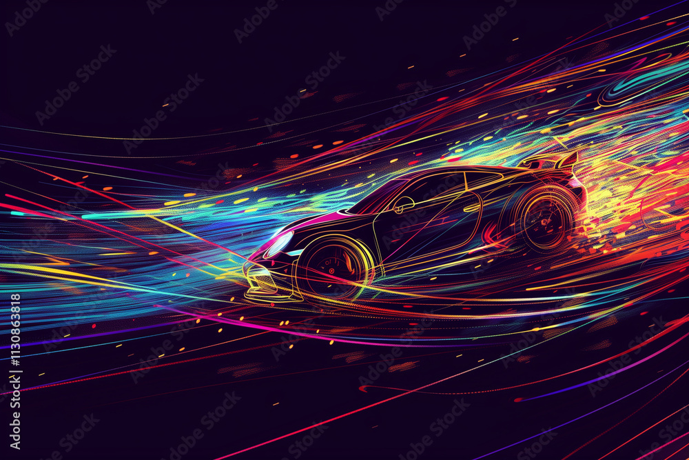 Poster a line art of a car in motion, with colorful streaks and dynamic lines trailing behind.