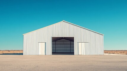 Obraz premium A large, white metal hangar stands in a flat, open field under a clear blue sky.