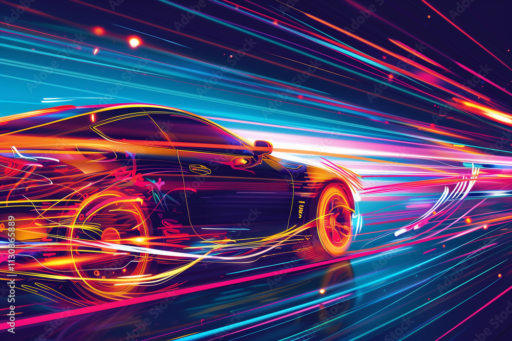 Poster a line art of a car in motion, with colorful streaks and dynamic lines trailing behind.