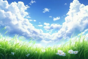 Obraz premium Grass, Sky and Cloud. Wallpaper. Fantasy Backdrop. Concept Art. Realistic Illustration. Video Game Digital CG Artwork Background. Nature Scenery.