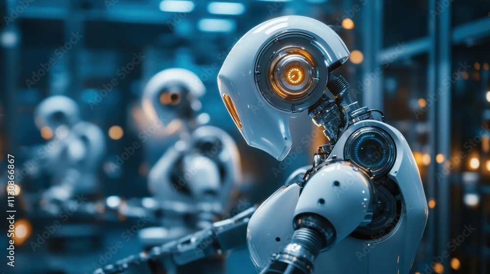 Poster futuristic robots in a high-tech environment with glowing lights