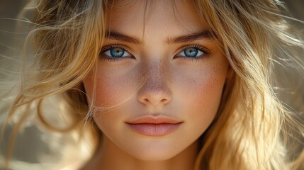 Fototapeta premium Stunning woman with captivating blue eyes and flowing hair in a creative portrait angle