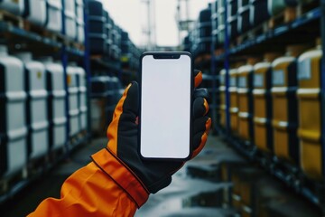 mobile phone in hand, industrial background, warehouse, empty screen, orange glove, storage, technology