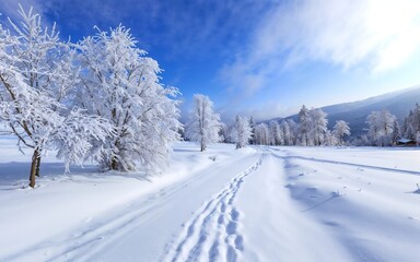 Obraz premium Serene Winter Path Through Snow-Covered Fields