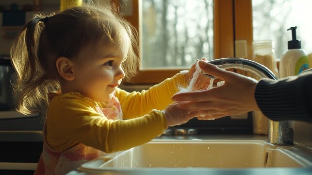 Young girl carefully washing hands in the kitchen with mother’s assistance, emphasizing hygiene, family bonding, and child safety during daily routines