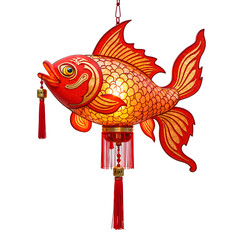 Fototapeta premium Vibrant hanging lantern in the form of a golden carp with tassels and intricate scales, photography of decorative art concept.