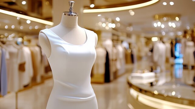 A stylish white dress displayed on a mannequin in a modern boutique with elegant lighting. - Powered by Adobe